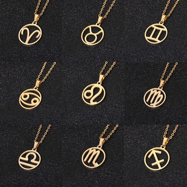 Acier inoxydable 12 Horoscope Signe du Zodiaque Rond Or Pendentif Collier Bélier Leo En Gros Dropshipping 12 Constellation Bijoux