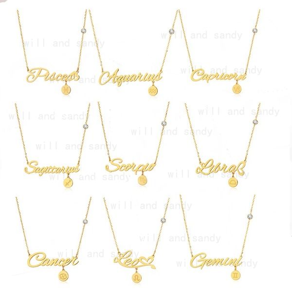 Acero inoxidable 12 Signo del zodiaco Collar Colgante Cadena de oro Virgo Cáncer Carta Colgantes Encanto Estrella Astrología Collares para mujeres joyería de moda fina