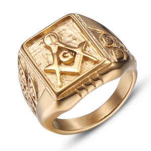 Acero inoxidable 18K Gold Masonic signet freemason ring 14K Gold Men's compass and square Lodge Emblem Mason rings Jewel Items