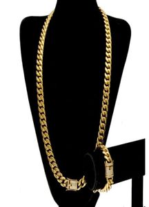 Acier inoxydable 24k Gold Gold Electroplate Casting fermoir Wdiamond Cuban Link Collier Bracelet pour hommes Curb Chaines BIJELRY Set3562352