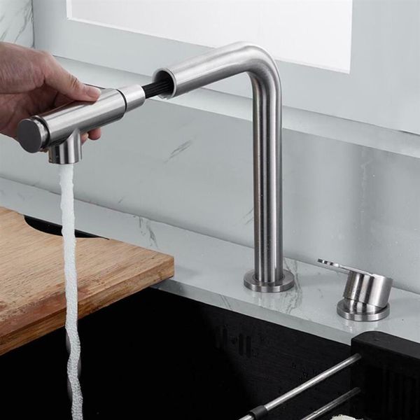 Grifo de cocina para fregadero de baño de acero inoxidable 304 SUS, mezclador de agua fría, cabezal de pulverización extraíble, manija única de níquel cepillado 216p