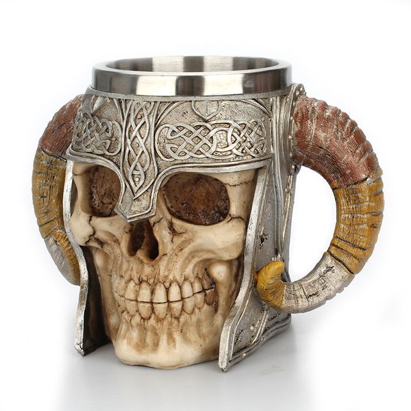 Acero inoxidable 3D Skeleton Knight Taza de café Horror Halloween Cráneo en forma de taza Taza con mango de doble cuerno Tazas para beber DH1192