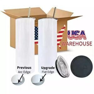 Almacén de EE. UU. / CA Vasos de sublimación de 25 piezas / cartón Taza de agua blanca en blanco recta con aislamiento de doble pared de acero inoxidable de 20 oz con tapa y pajita para transferencia de calor