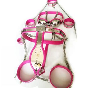 Juego de 9 piezas de acero inoxidable Dispositivo de castidad masculina Cinturón bdsm Bondage Restricción Fetiche Esclavo con cerradura Juguetes Collar/Mano (Muslo) Puños/Tapón trasero