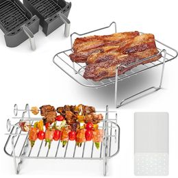 Accessoires de friteaux à air en acier inoxydable avec bâton de barbecue en papier compatible pour Ninja Foodi DZ201 / 401 double couche multipurpose 240325