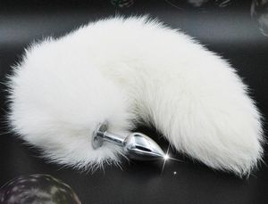 Tapón anal de acero inoxidable con tapón de cola de zorro blanco de 35 cm de largo de juguetes sexuales para productos para adultos