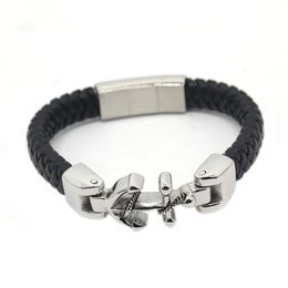 Roestvrijstalen ankerarmband nieuwe man roestvrij staal Echt lederen armband schip anker zwarte armband Sieraden Gifts2627