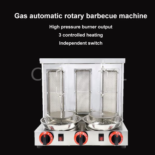 Machine de barbecue à gaz rotative automatique en acier inoxydable, équipement de transformation des aliments, rôtissoire turque commerciale avec trois commandes de commutateur indépendantes