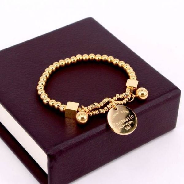 Bracelet de perles en acier inoxydable pour femmes, étiquette circulaire, breloque, brin extensible, 187O