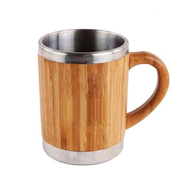 Tazas de café de bambú de acero inoxidable con asa y tapas Taza de leche para acampar Café con aislamiento ecológico Taza de viaje para té SN5263