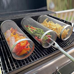 Acier inoxydable Barbecue cuisson Grill grille maille Rotation cylindre Cage Camping pique-nique ustensiles de cuisine en plein air rond BBQ Net Tube feu de camp Grill panier roulant HW0137