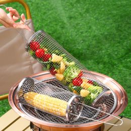 RVS Barbecue Koken Grillrooster Gaas Rotatie Cilinderkooi Kamperen Picknick Kookgerei Buiten Ronde BBQ Nettobuis Kampvuurgrill Rollende mand W0138