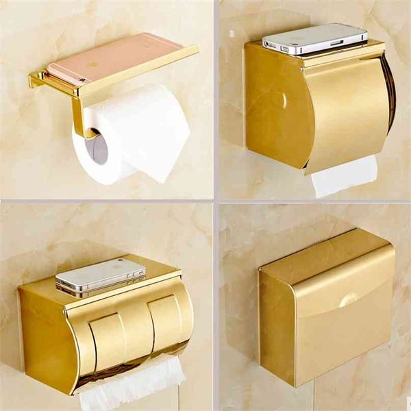 Soporte para teléfono de papel de baño de acero inoxidable con estante para teléfonos móviles, toallero dorado, cajas de papel higiénico 210720