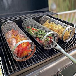 Acier inoxydable BBQ panier maille Barbecue support Cage filet grille roulant cylindrique gril pique-nique Camping ustensiles de cuisine outil de cuisine