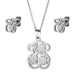 Collier ours en acier inoxydable, boucles d'oreilles mignonnes, petit ensemble féminin européen et américain, chaîne de pull à fleurs brillantes, bijoux 2242