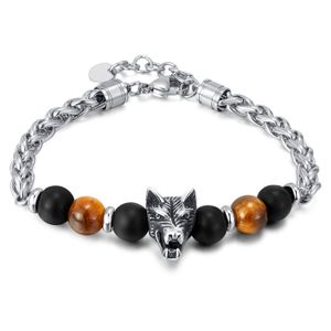 Bracelet de motard en acier inoxydable, tête de léopard/crâne de loup, oeil de tigre, perles, chaîne tressée, 8.5''