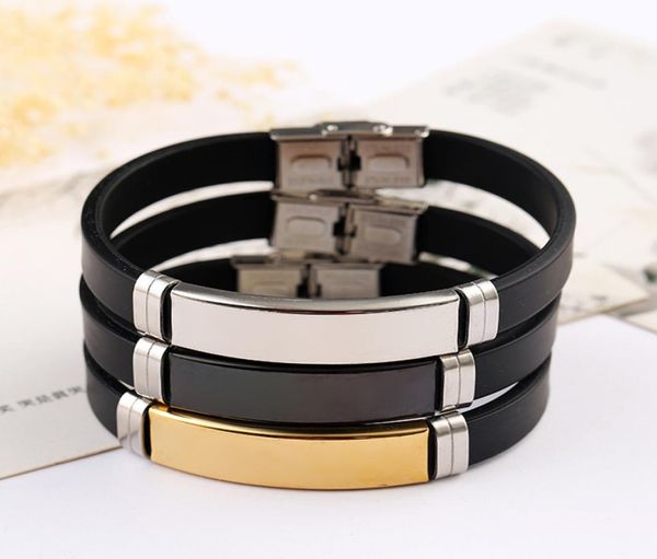 Bracelet en Silicone avec étiquettes d'identification vierges en acier inoxydable, pour graver, couleur argent, doré, noir, plaque métallique, 10 pièces entières C10059146363