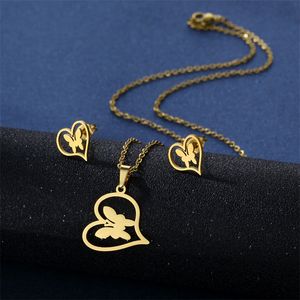 Collier papillon en acier inoxydable pendentif coeur brillant copines clavicule chaîne boucles d'oreilles ensemble bijoux cadeau pour les femmes