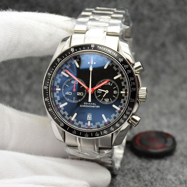 Boîtier en acier inoxydable, mouvement à Quartz, chronographe, montres pour hommes, cadran noir/bleu avec lunette rotative OM