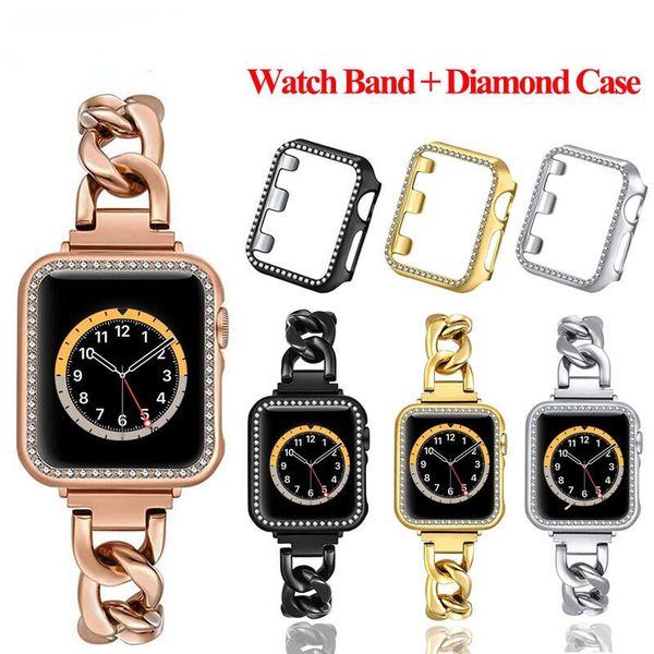 Bracelet en acier inoxydable à maillons de chaîne Bling Diamond Bumper Case pour Apple Watch Ultra Series 8 7 6 5 4 SE 40mm 41mm 44mm 45mm 49mm