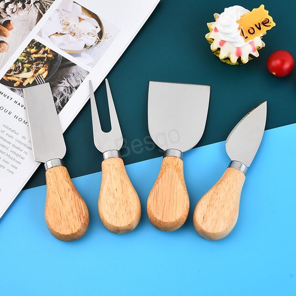 Couteau à fromage en acier inoxydable 4pcs / Set Fromages Slicer Outils Outils Couteilles Poignée en bois Pizza Fork Crème Coupe Cuisine Cuisine Cuisine Vaisselle BH5787 WLY