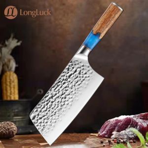 Couteau de chef en acier inoxydable, couteau de cuisine chinois, motif de marteau, antiadhésif tranchant Nakiri couperet utilitaire Santoku, résine bleue