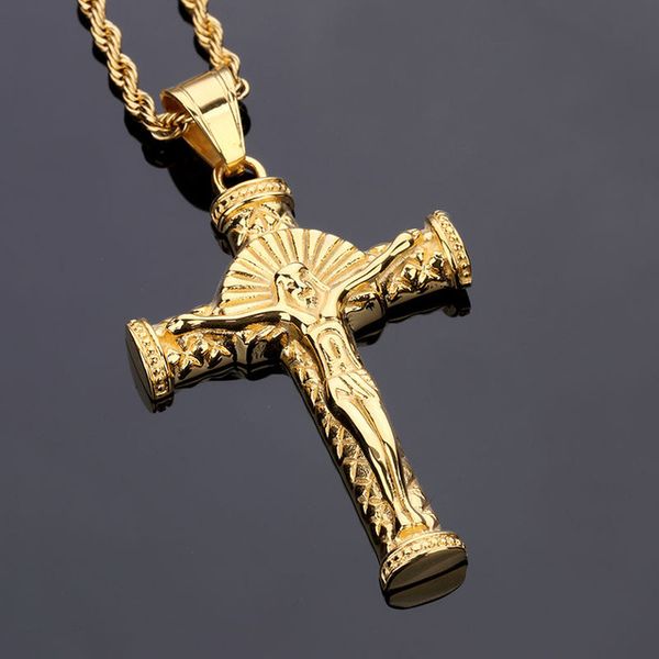 Collier pendentif croix de jésus chrétien en acier inoxydable avec 60 cm de long chaîne or mode Hip Hop bijoux pour hommes femmes cadeau