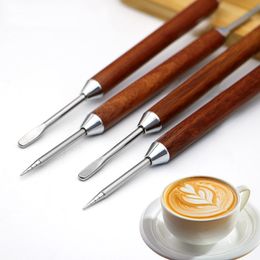 Roestvrijstalen koffiekunstnaalden Koffie Fancy Stitch Barista Tool Dual Ended Latte Art Pen met houten handvat voor doe-het-zelf koffiedecor