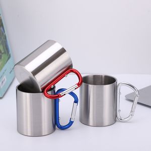 Edelstahl-Kaffeetassen mit Karabiner-Griffen, 200 ml, 300 ml, doppelwandige Reise-Wasser-Tee-Kaffeetassen für Rucksackreisen, Camping, Wandern