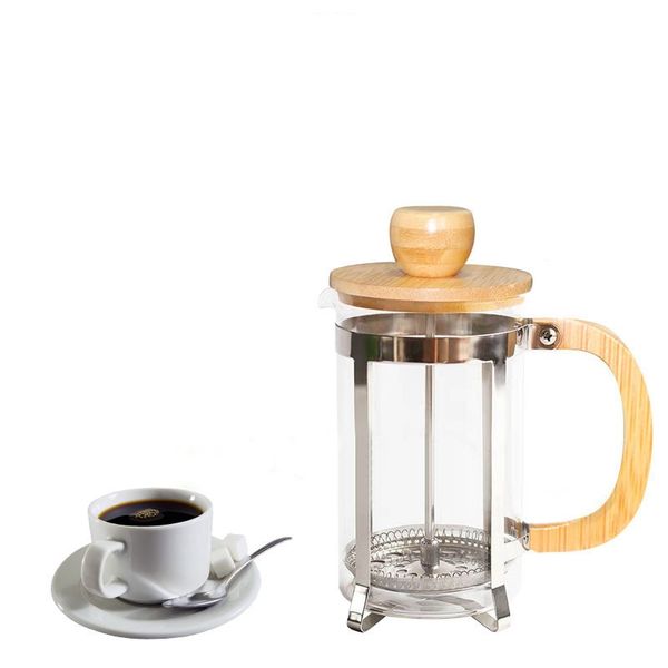 Cafetière en acier inoxydable avec couvercle et poignée en bambou Presse française Bouilloires en verre à thé portables Filtre à thé