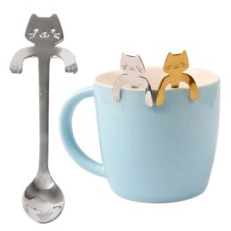 Cucharas de café de acero inoxidable, taza de café colgante con gato encantador, cuchara para helado, postre, cucharadita, cuchara colgante creativa, vajilla JN10