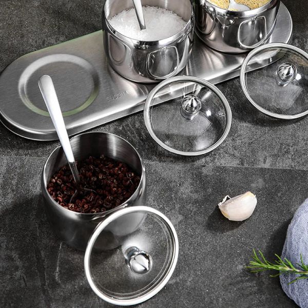 Azucarero de acero inoxidable para café, azucarero con cuchara, cubierta para taza, bote para condimentos, recipiente para especias, bote para recuerdos de cocina y hogar