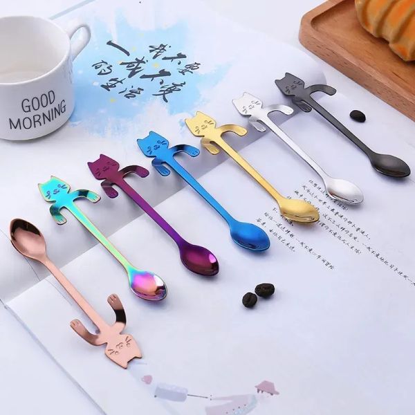Cuchara de té de café de acero inoxidable Mini gato mango largo cuchara creativa herramientas para beber utensilios de cocina cubiertos vajilla al por mayor ZZ