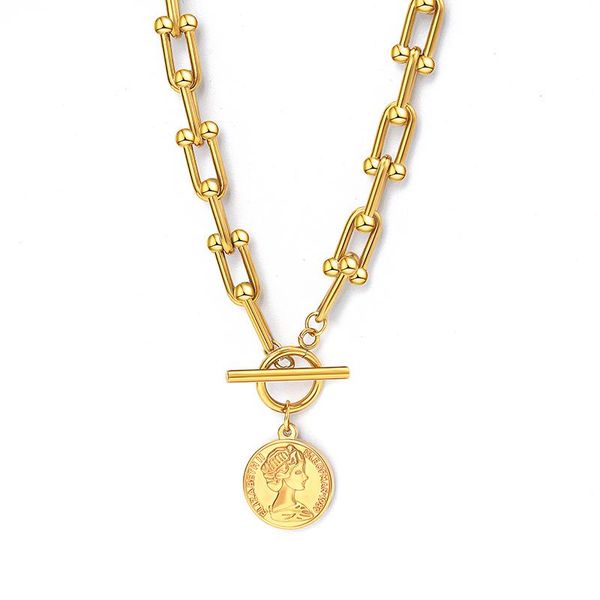 Collar de palanca con medalla de moneda de acero inoxidable para mujer, Gargantilla de cadena gruesa de Metal de Color dorado/plateado, collares con colgante de alta resistencia