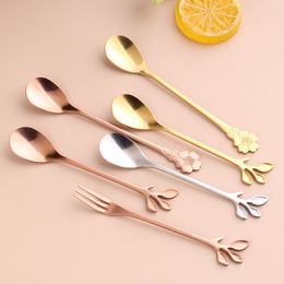 Stainless Steel Creative Leaf Spoon Stirring Fruit Fork Nordic Cherry Blossom Handle New Coffee