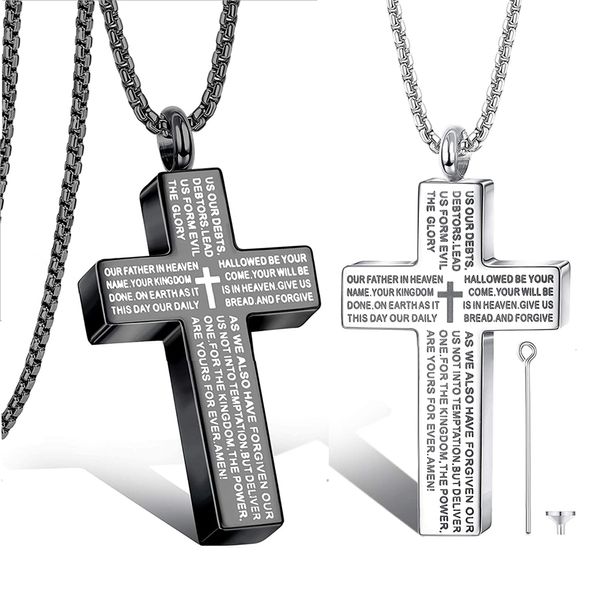 Pendentif croix en acier inoxydable bijoux de crémation en gros colliers d'urne de cendres avec lettrage souvenir noir, argent