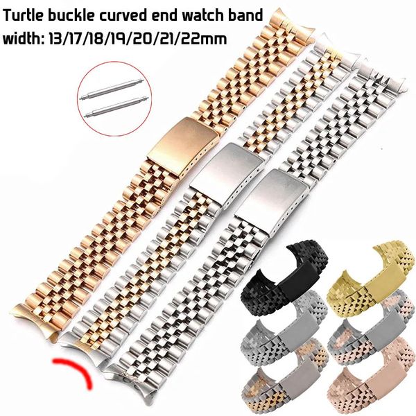 Bracelet de montre à extrémité incurvée en acier inoxydable 13 17 18 19 20 21 22mm 5 perles Bracelet de montre en métal massif Bracelet de poignet boucle de tortue W outil 240125