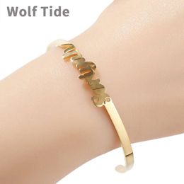 Bracelet manchette ouvert en acier inoxydable avec nom personnalisé, plaqué or, lettre initiale, réglable pour femmes, Bijoux à la mode pour filles