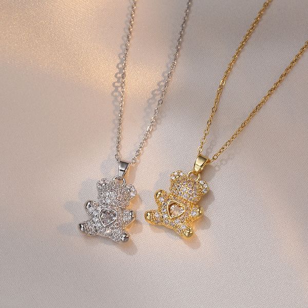 Collier avec pendentif ours mignon en acier inoxydable pour femmes, chaîne en zircone, bijoux de luxe coréen INS, vente en gros, YMN096