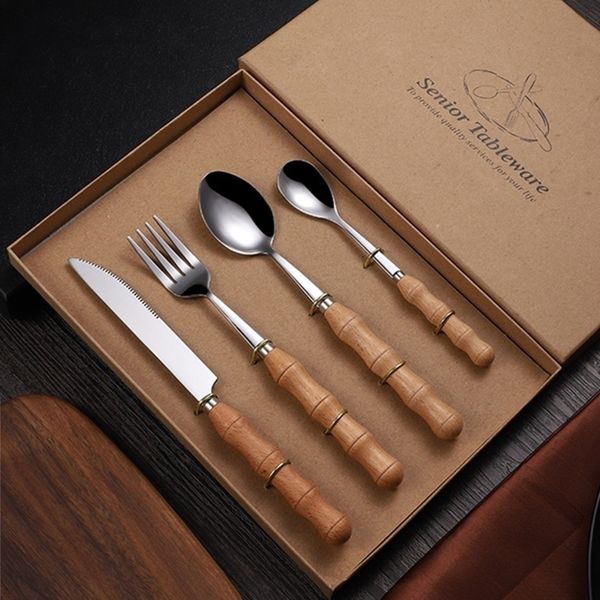 Ensemble de couverts en acier inoxydable manche en bois boîte-cadeau cuillère couteau fourchette boîte couverts en bois réutilisable pique-nique sain voyage dîner portable