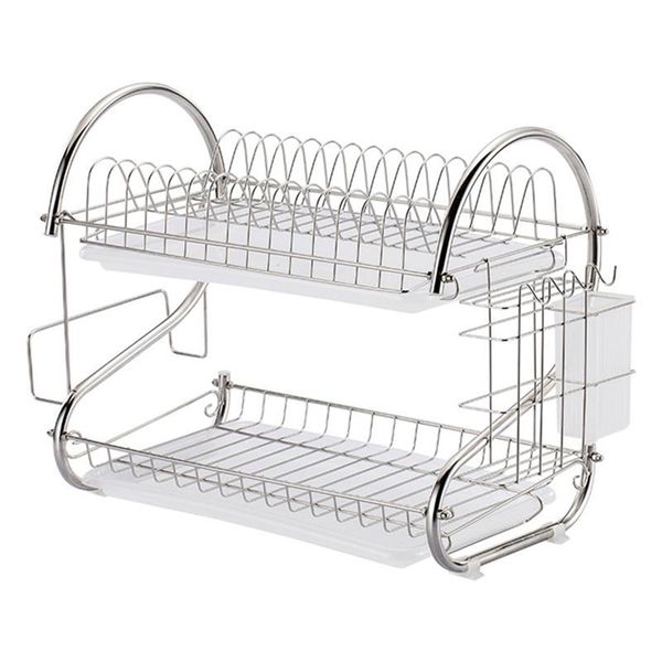 Égouttoir à vaisselle en acier inoxydable double couche support de rangement pratique étagère de rangement de cuisine pour la maison (argent) 211110