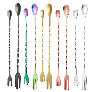 Roestvrijstalen dubbele hoofden lepel vorken titanium -plated lange handgreep roerende lepels ijs cocktail barman lepel fruit vorken 26 cm 32 cm multi -kleuren