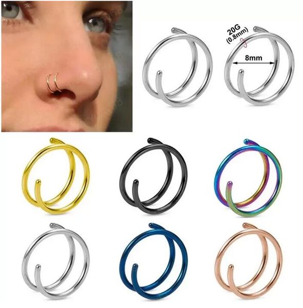 Acier inoxydable Double nez anneau spirale nez Septum Piercing Cartilage boucles d'oreilles Tragus Helix pour femmes narine bijoux 7 couleurs