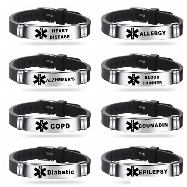 Pulsera grabable de acero inoxidable Pulseras de identificación de alerta médica DIABETES EPILEPSIA ALZHEIMERS ALERGIA Mujeres Hombres Pulsera de silicona al por mayor