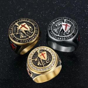 Anillos de moda de acero inoxidable, anillo de protección de caballero para hombres, armadura de caballeros cruzados, escudo, diseño templario, joyería de cazador