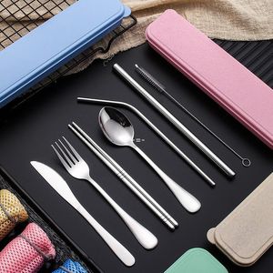 Stainless Steel Stickware Set Draagbare bestek Set voor Outdoor Reizen Picknick Surgerware Set Metal Straw met doos en tas Gebruiksvoorwerp RRB13800