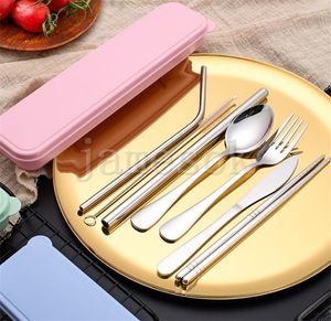 Stainless Steel Stickware Sets Draagbare bestek Set voor Outdoor Reizen Picknick Setware Set Metal Straw met doos en tas Keukengerei DA