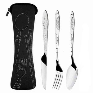 Stainless Steel Flatware Sets 3pcs Knives/Spoons/Forks Dishwasher Safe Modern Tableware Cutlery Set with Storage Bag for Camping