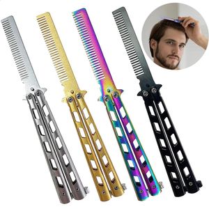 Acier inoxydable pliable peigne barbe moustache Brushe pratique formation débutant papillon peigne Salon de coiffure outil de coiffure 240314