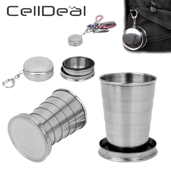 Taza portátil plegable de acero inoxidable, 75 ml/150 ml/250 ml, al aire libre, viajes, desmontable, taza telescópica, senderismo, camping, agua, taza de café